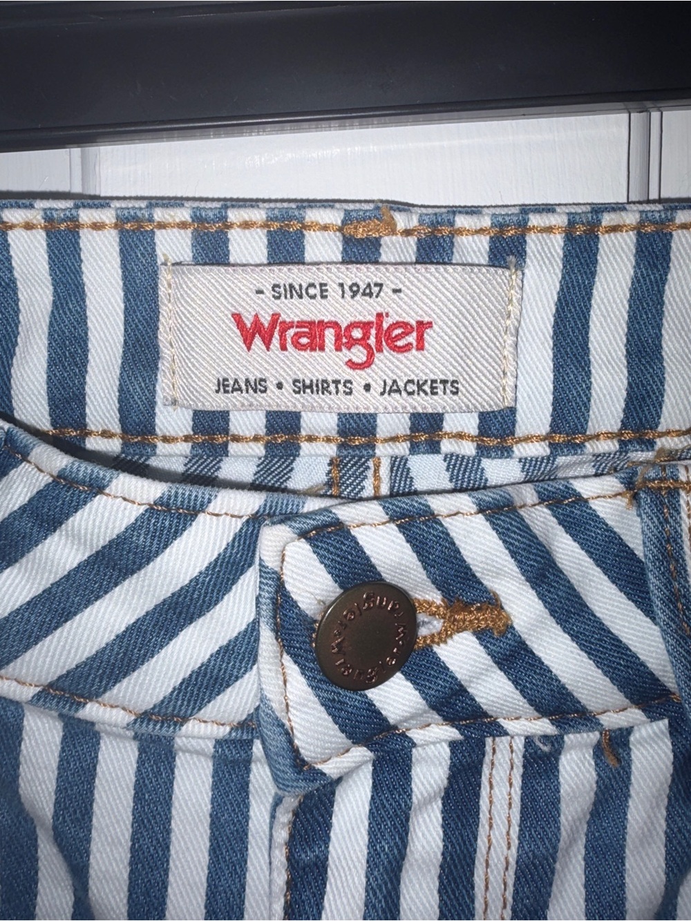 Wrangler Navy and White Vertical Stripe High-Rise Bell Bottom Jeans - Picture 4 of 6